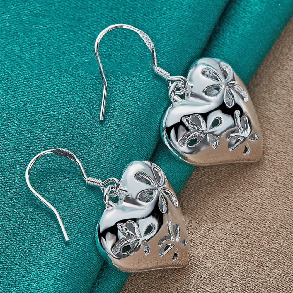 Women's 925 Sterling Silver Hollow Heart 31mm Long Drop Dangle Earrings